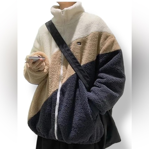 Patchwork Polar Sherpa Jacket Oversized  Contrast Color Polar Fleece Size Medium - Picture 1 of 12